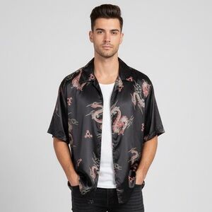 Vtg Black Short Sleeve Button Down Dragon Print P2P 25-26” Plastix Idol